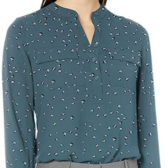 Lark & Ro Tops - Sheer Utility Long Sleeve Band Collar Tunic Shirt